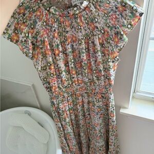 moodie Floral Smocked Neck Midi Dress - Cream with Coral, Green & Gray